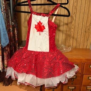 Kids Red Sequin Dance Costume with Maple Leaf
